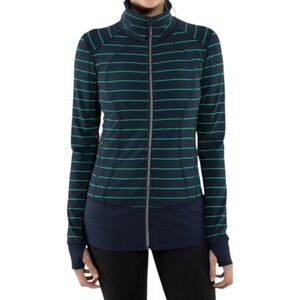 Lululemon Asana Jacket Womens Size 2 Navy Inkwell Green Slalom Stripe Zip‎ READ